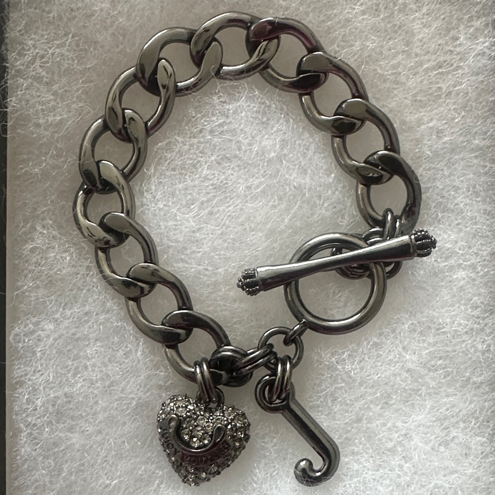 Juicy Couture Gunmetal Link Bracelet with Pave Heart and J Charm